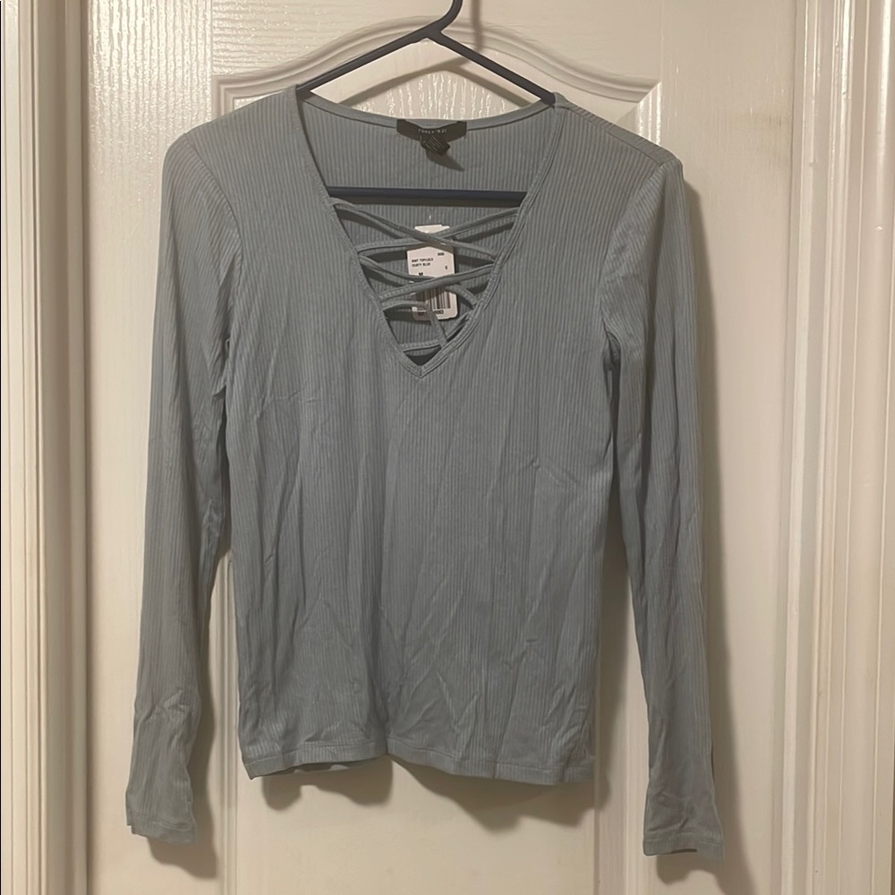 Light Blue Gray Cut Out Blouse with Long Sleeves